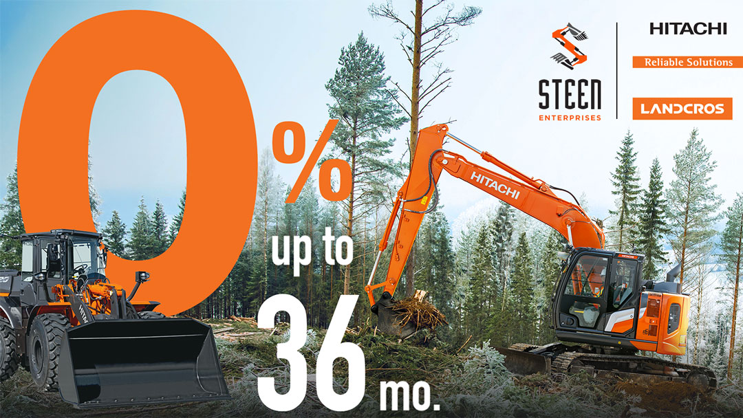 Graphic promoting 0% Up To 36 Months special offer with Hitachi construction equipment in the background.
